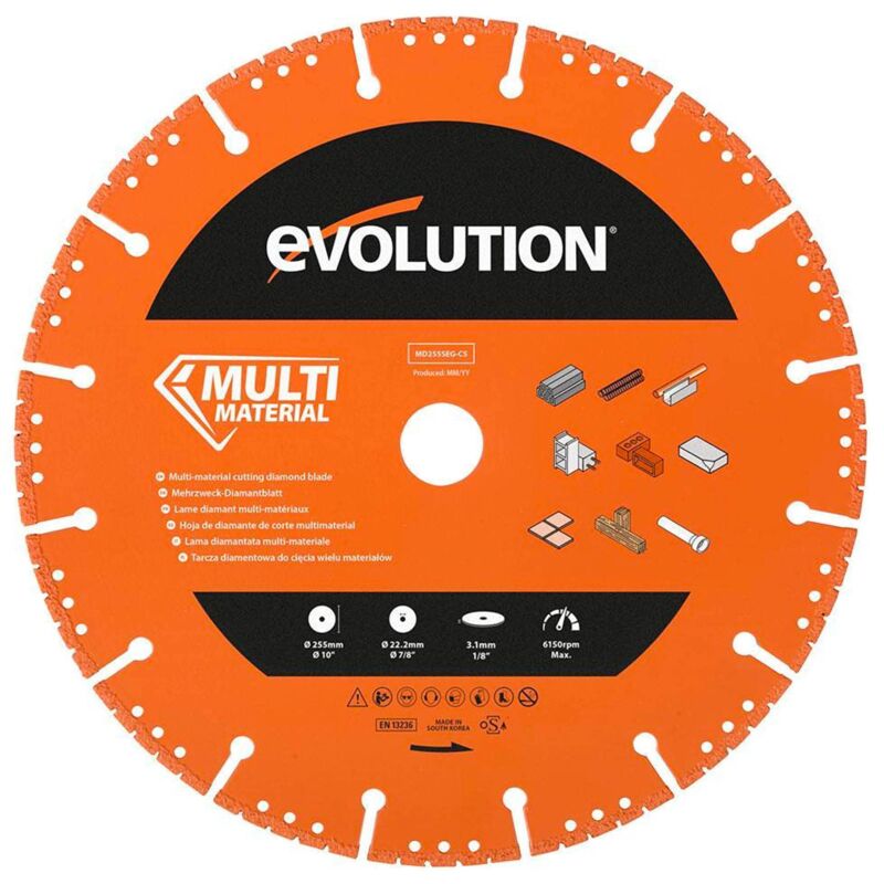 foto del prodotto evolution power tools evolution lama diamantata multiuso evolution da 255 mm con bordo segmentato e foro da 22,2 mm lama diamantata multiuso per