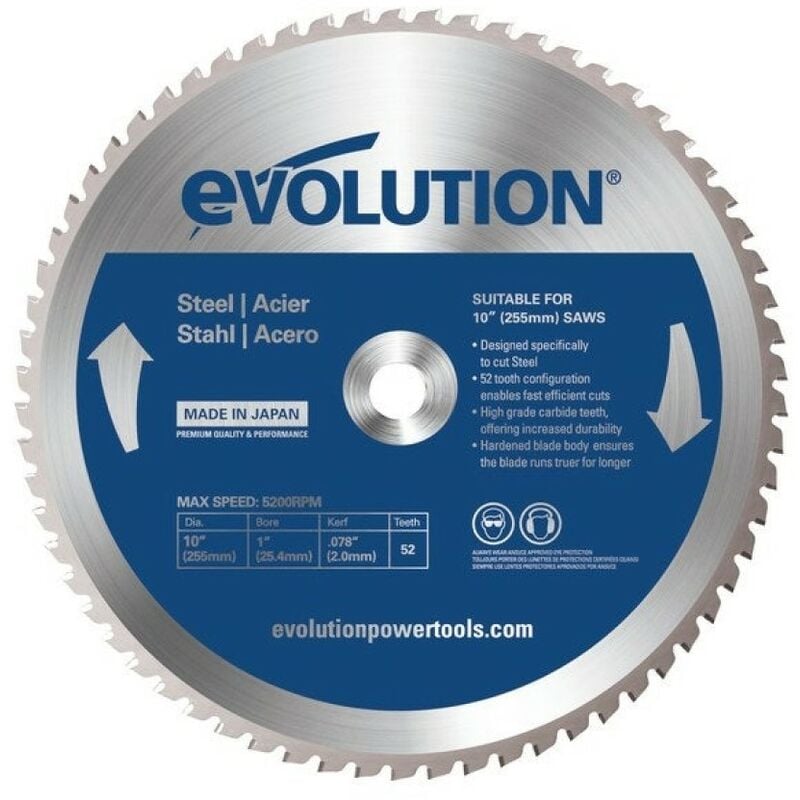 foto del prodotto evolution power tools evolution m255tct 52ms 255 mm lama per taglio di acciaio dolce lama per metallo a 52 denti con punte in carburo che in