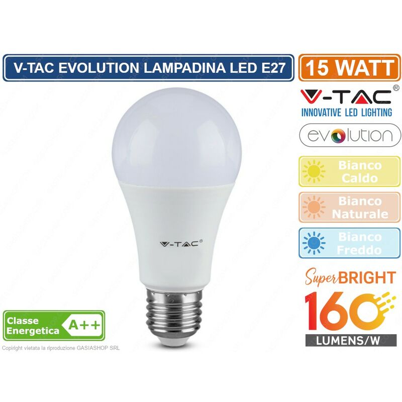 foto del prodotto evolution vt 2315 lampadina led e27 15w bulb a65 2400 lumen sku 2812 2813 2814 colore luce bianco caldo v tac