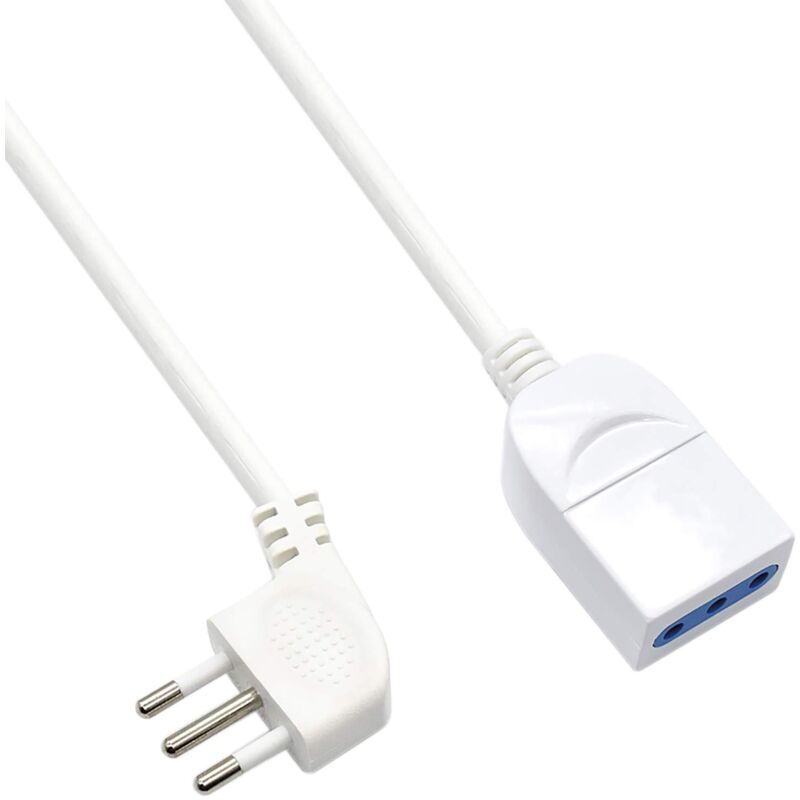foto del prodotto ew3802 prolunga elettrica 5mt, spina italiana 10a 90 salvaspazio, presa italiana 10a, cavo h05vv f 3x0,75mm2, presa con protezione bambini, bianco