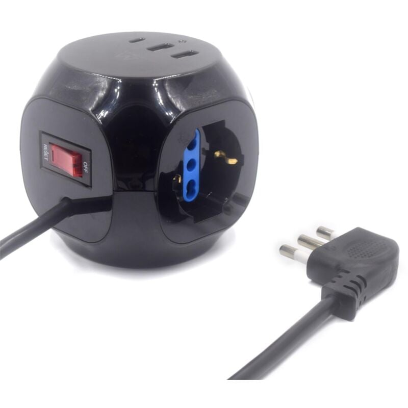 foto del prodotto ewent ew3860 multipresa a cubo 3 posizioni con 2 caricatori usb e 1 caricatore usb c, con spina italiana 16a, bianco