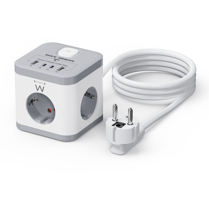 foto del prodotto ewent ew3863 base multipla 1,5 m 3 prese ca per interni grigio, bianco