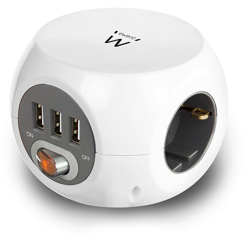 foto del prodotto ewent ew3939 power block cube con 3 prese e 3 porte usb, cavo da 1,5 m, colore bianco bianco