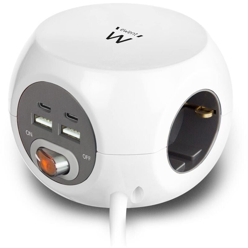 foto del prodotto ewent powercube ew3957 cubo con presa usb, 2 usb c e 2 prese usb a 3,4 a con interruttore, 3 prese, incluso cuscinetto adesivo per cucina,