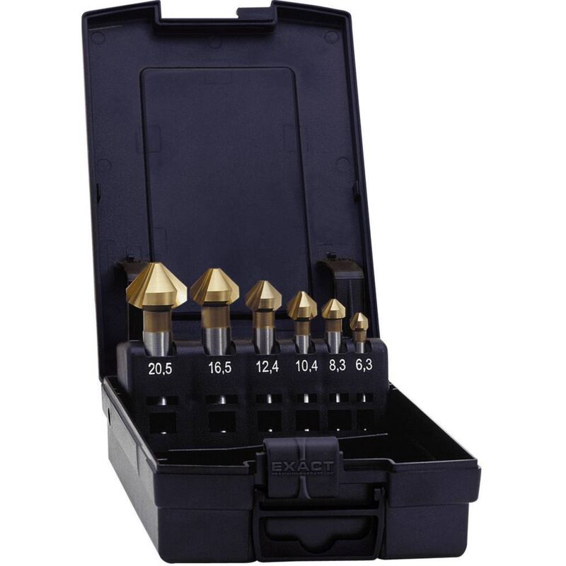 foto del prodotto exact 05567 kit svasatori conici 6 parti 6.3 mm, 8.3 mm, 10.4 mm, 12.4 mm, 16.5 mm, 20.5 mm hss tin alberino cilindrico