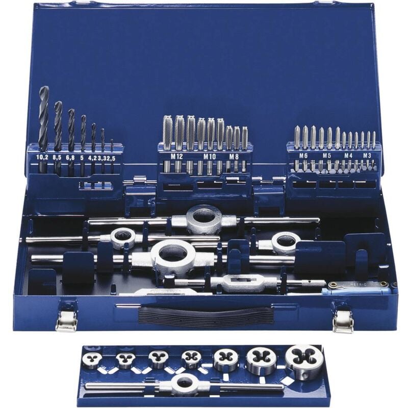 foto del prodotto exact eventus by 10721 kit maschi e filiere 49 parti hss metrica m3, m4, m5, m6, m8, m10, m12