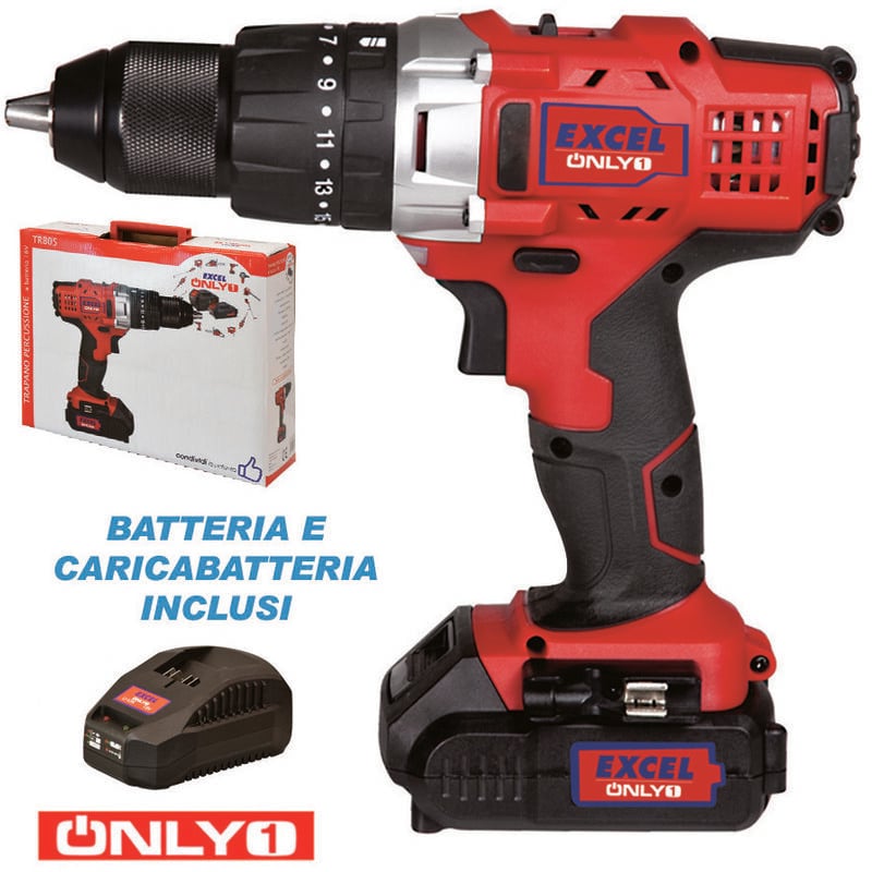 foto del prodotto excel trapano a batteria litio 18v 2ah con percussione trb05 only1