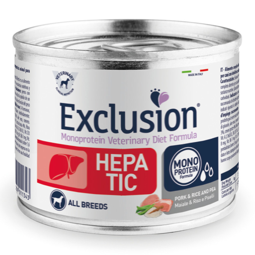 foto del prodotto exclusion cane diet hepatic adulto all breeds maiale, riso amp piselli lattina 200 gr