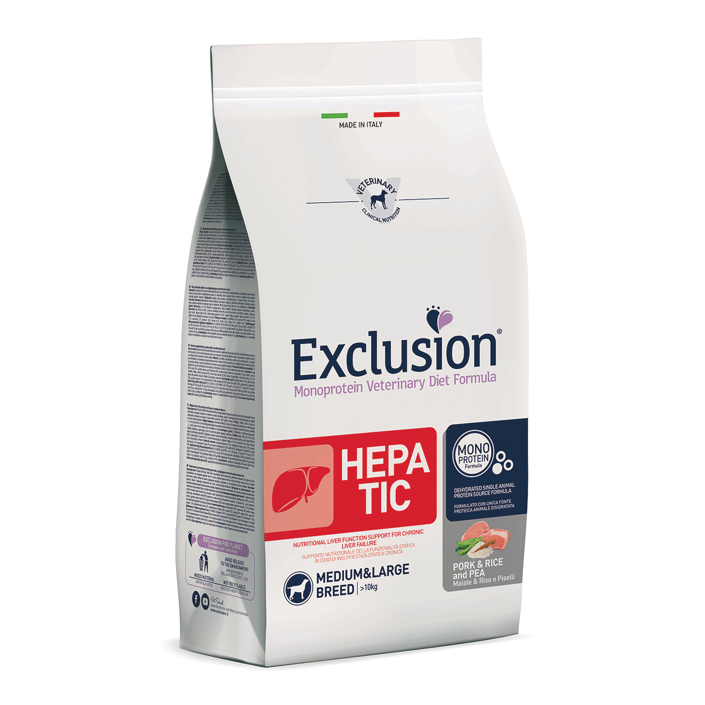 foto del prodotto exclusion cane diet hepatic adulto medium&amp;large maiale, riso &amp; piselli 2 kg