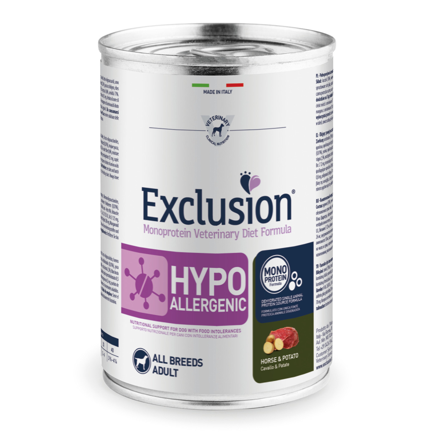 foto del prodotto exclusion cane diet hypoallergenic adulto all breeds cavallo amp piselli lattina 400 gr