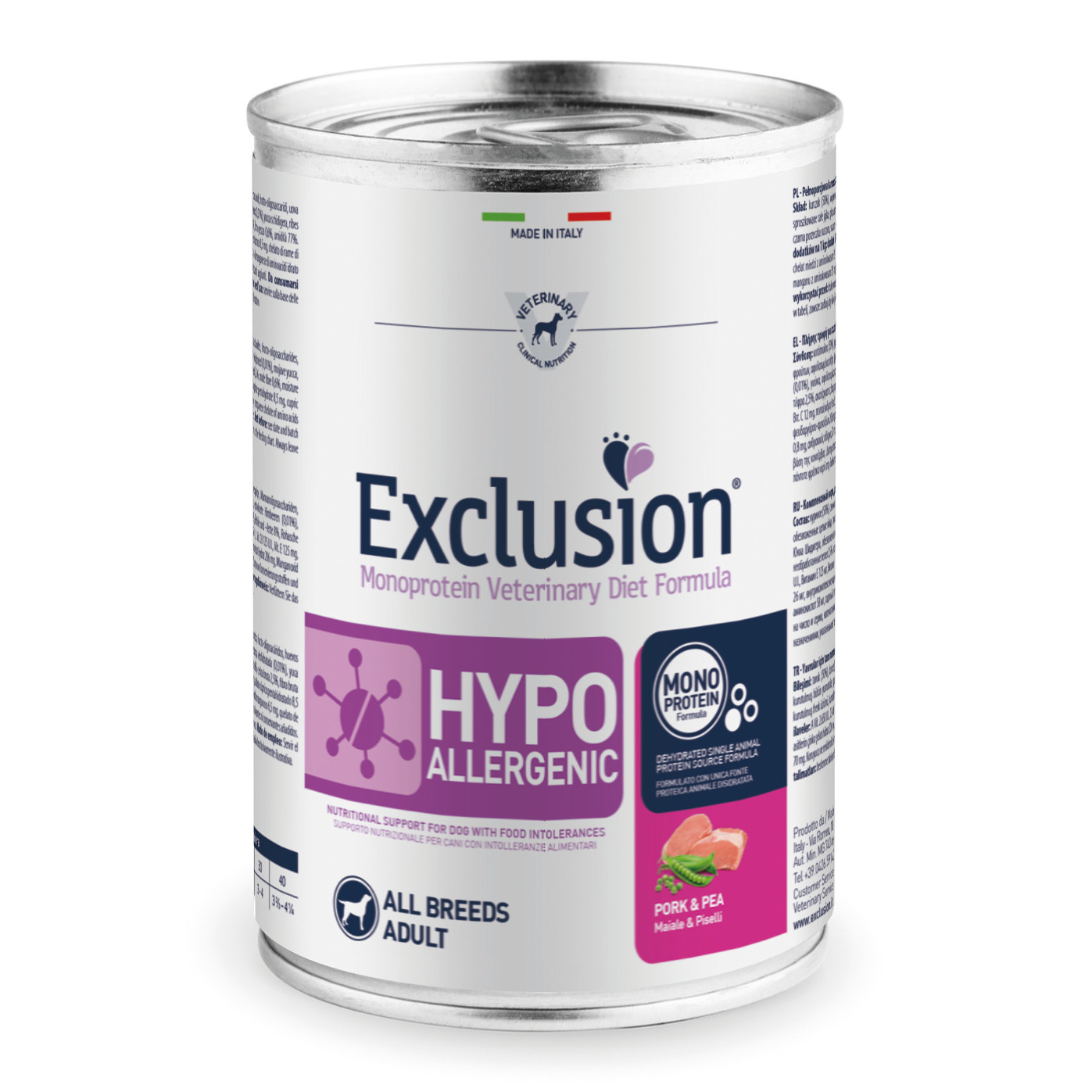 foto del prodotto exclusion cane diet hypoallergenic adulto all breeds maiale &amp; piselli lattina 400 gr