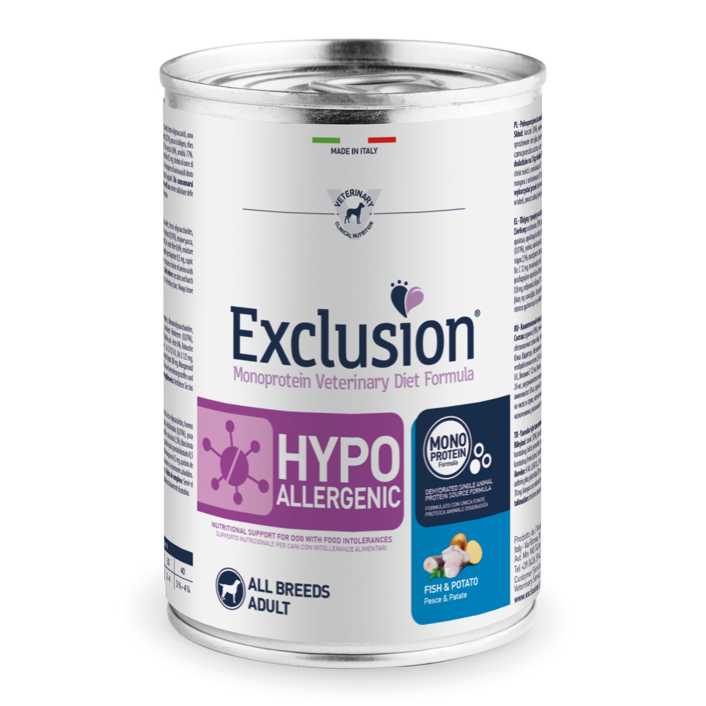 foto del prodotto exclusion cane diet hypoallergenic adulto all breeds pesce &amp; patate lattina 400 gr
