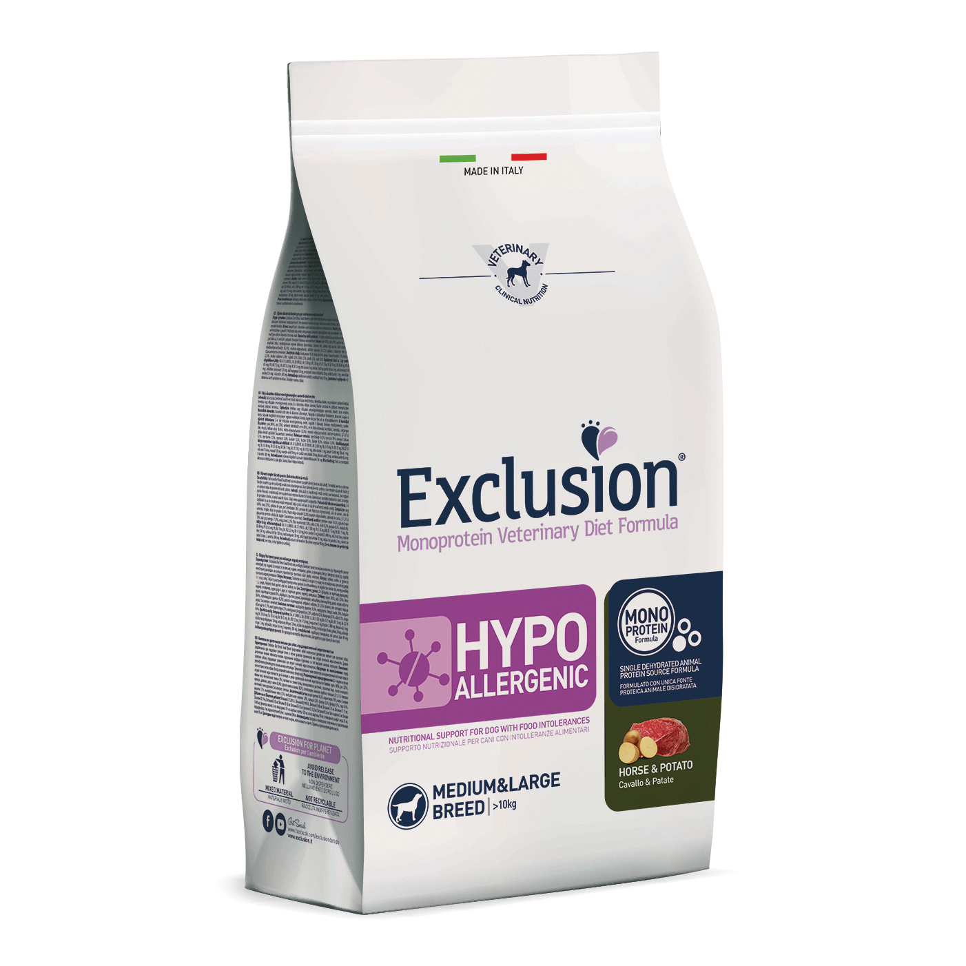 foto del prodotto exclusion cane diet hypoallergenic adulto medium&amp;large cavallo &amp; patate 12 kg