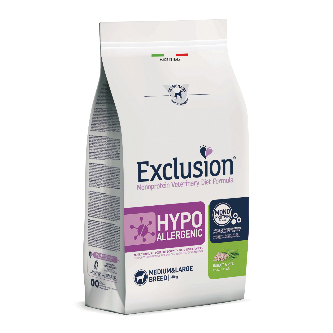foto del prodotto exclusion cane diet hypoallergenic adulto medium&amp;large insetti &amp; piselli 12 kg