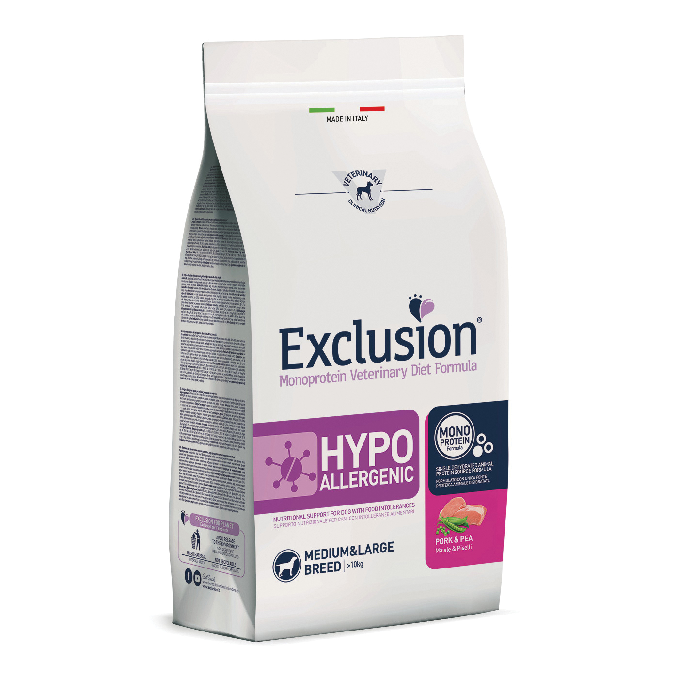 foto del prodotto exclusion cane diet hypoallergenic adulto medium&amp;large maiale &amp; piselli 12 kg