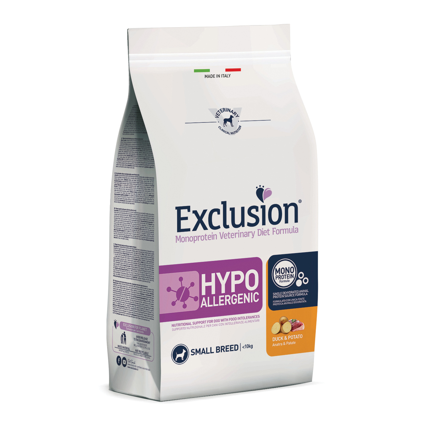 foto del prodotto exclusion cane diet hypoallergenic adulto small anatra amp patate 2 kg