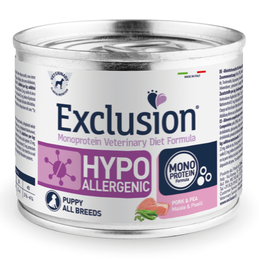 foto del prodotto exclusion cane diet hypoallergenic puppy all breeds maiale amp piselli lattina 200 gr