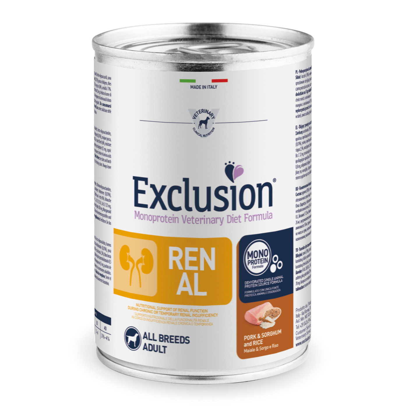 foto del prodotto exclusion cane diet renal adulto all breeds maiale, sorgo amp riso lattina 400 gr