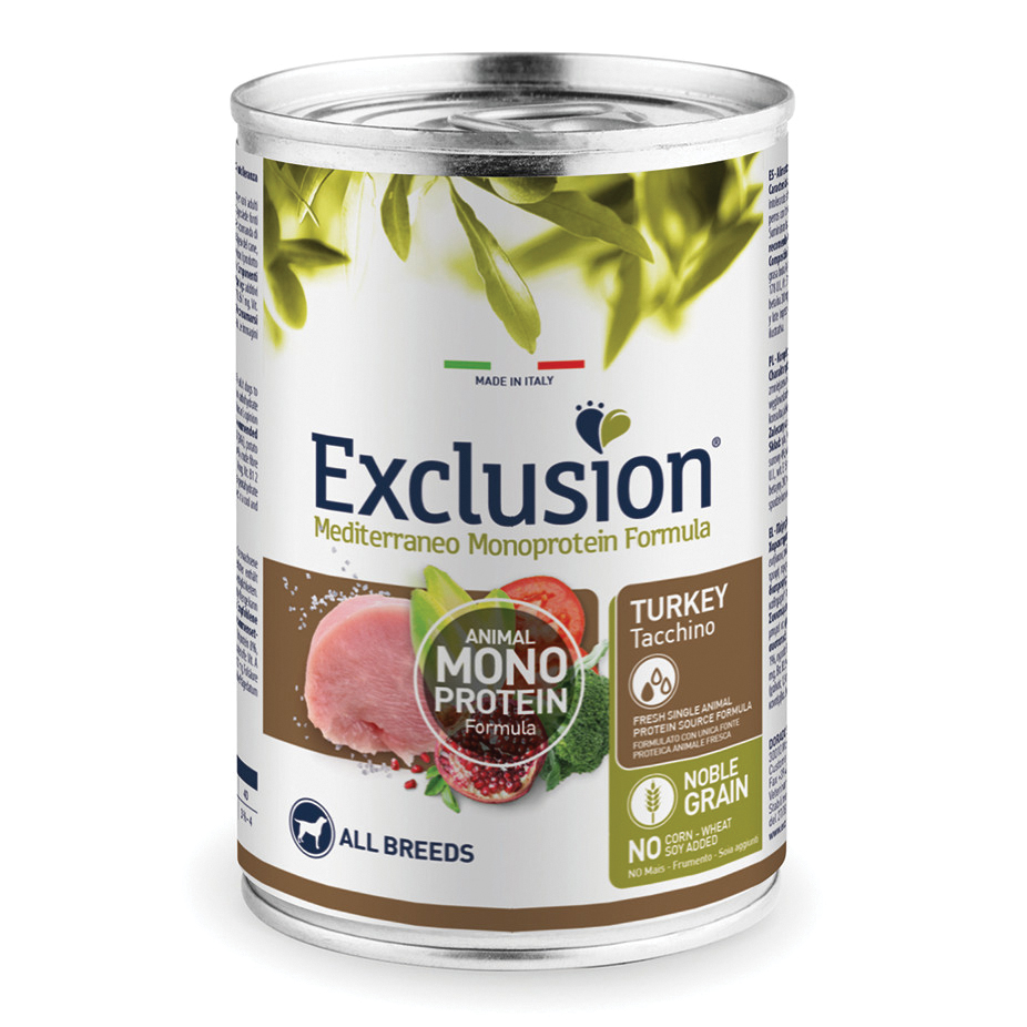 foto del prodotto exclusion cane mediterraneo adulto all breeds tacchino lattina 400 gr