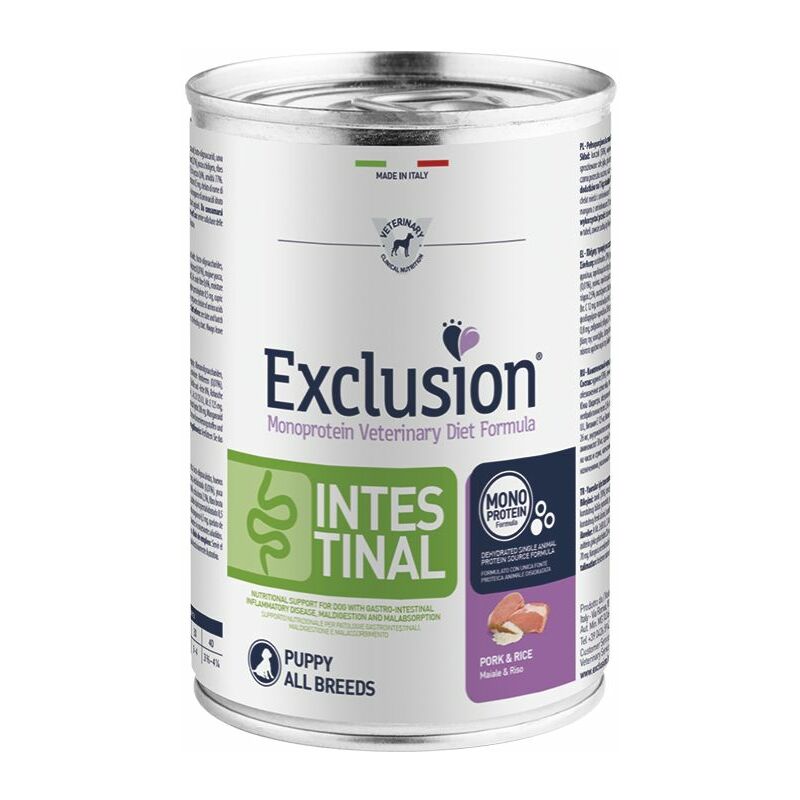 foto del prodotto exclusion cane puppy intestinal all breeds 400gr maiale e riso