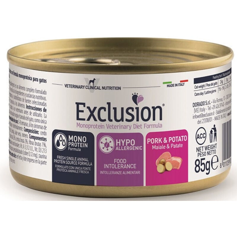 foto del prodotto exclusion cat hypoallergenic adult maiale e patate - exclusion cat hypoallergenic adult maiale e patate - lattina da 85 gr