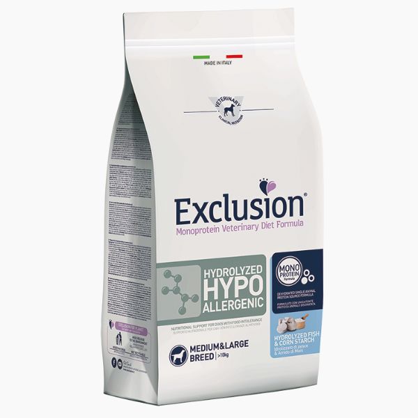 foto del prodotto exclusion diet hydrolyzed hypoallergenic adult medium large pesce 12 kg 1 ordine scegli lo sconto bzr5 bzr20 200 punti fedelt 