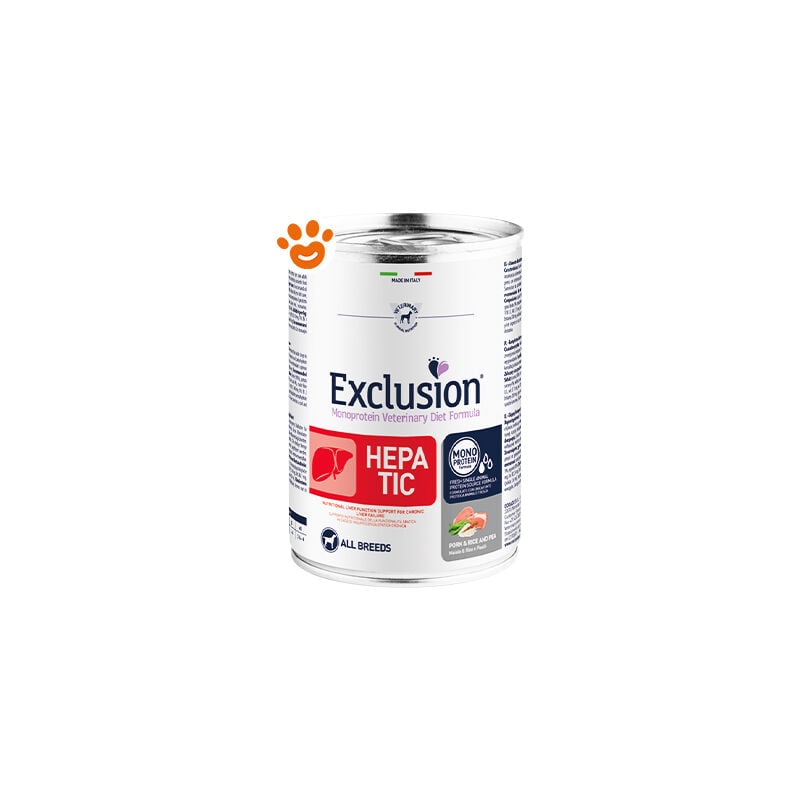 foto del prodotto exclusion dog diet hepatic maiale, riso e piselli exclusion dog diet hepatic maiale, riso e piselli lattina da 200 gr