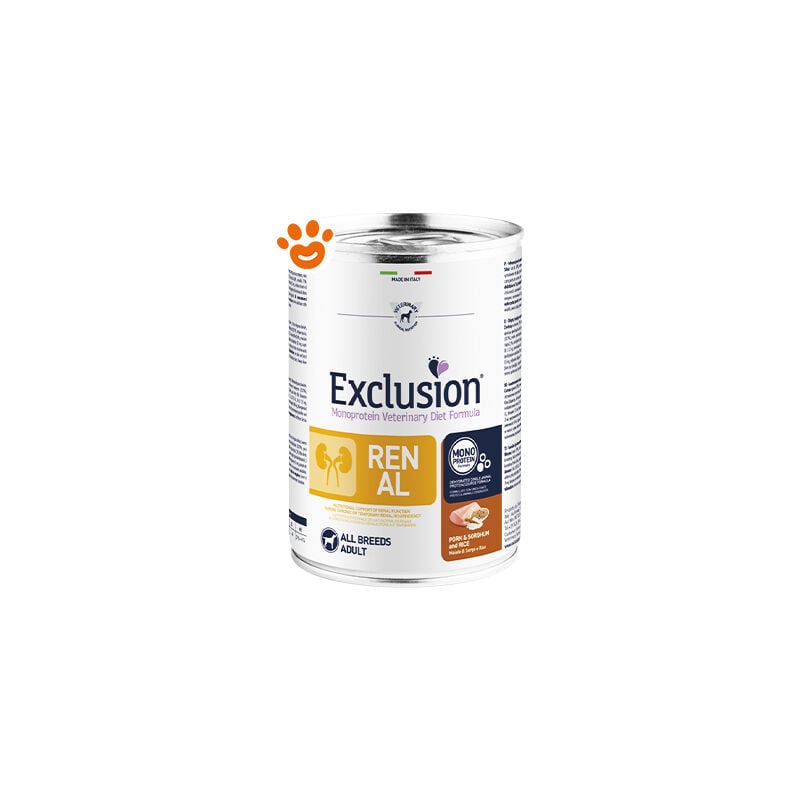 foto del prodotto exclusion dog diet renal maiale sorgo e riso dog diet renal maiale sorgo e riso lattina da 400 gr