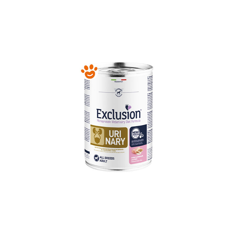 foto del prodotto exclusion dog diet urinary maiale sorgo e riso dog diet urinary maiale sorgo e riso lattina da 400 gr