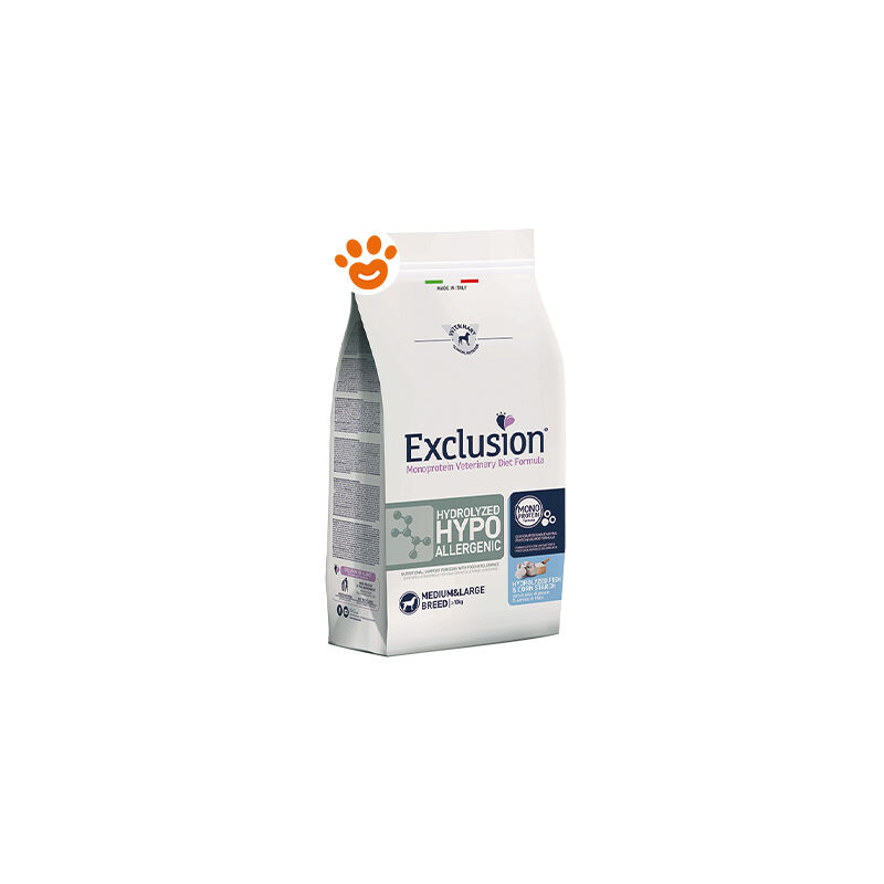 foto del prodotto exclusion dog hydrolyzed hypoallergenic adult medium large breed pesce e amido di mais dog hydrolyzed hypoallergenic adult medium large breed pesce