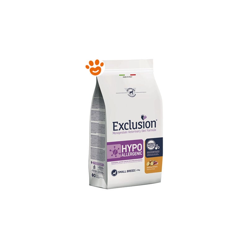 foto del prodotto exclusion dog hypoallergenic adult small breeds anatra e patate dog hypoallergenic adult small breeds anatra e patate sacco da 2 kg