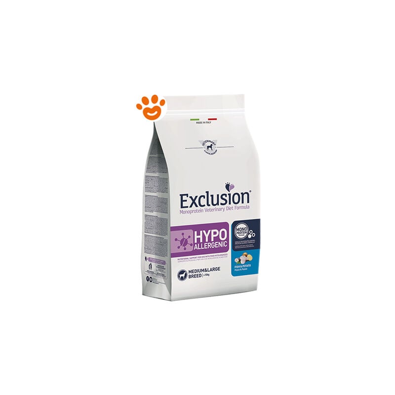 foto del prodotto exclusion dog hypoallergenic medium adult large breed pesce e patate dog hypoallergenic medium adult large breed pesce e patate sacco da 12 kg