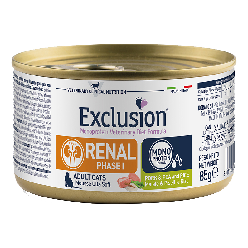 foto del prodotto exclusion gatto diet renal fase 1 adulto maiale, piselli amp riso lattina 85 gr