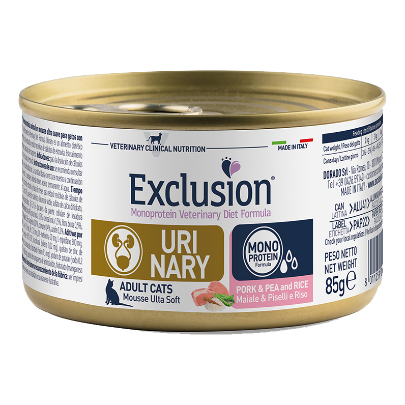 foto del prodotto exclusion gatto diet urinary adulto maiale, piselli amp riso lattina 85 gr