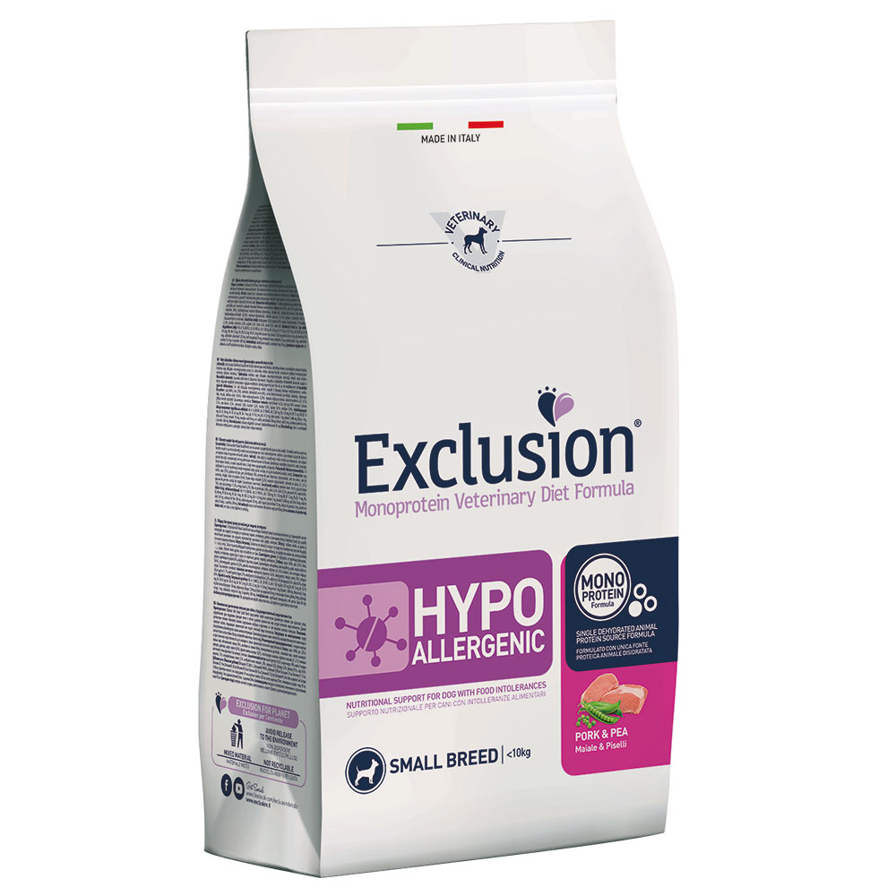 foto del prodotto exclusion hypoallergenic small breed maiale e piselli crocchette cane 7 kg