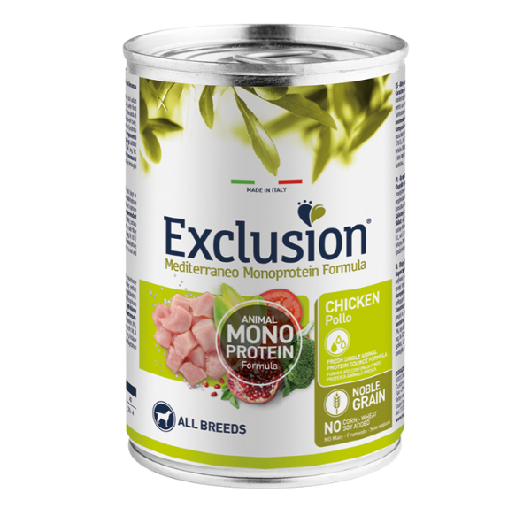 foto del prodotto exclusion mediterraneo adult all breed 400 gr pollo umido monoproteico cane 1 ordine scegli lo sconto bzr5 bzr20 200 punti fedelt 