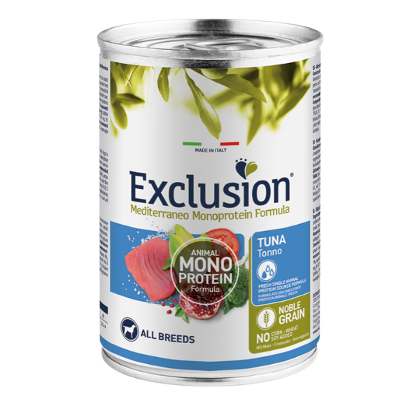 foto del prodotto exclusion mediterraneo adult all breed 400 gr tonno umido monoproteico cane 1 ordine scegli lo sconto bzr5 bzr20 200 punti fedelt 