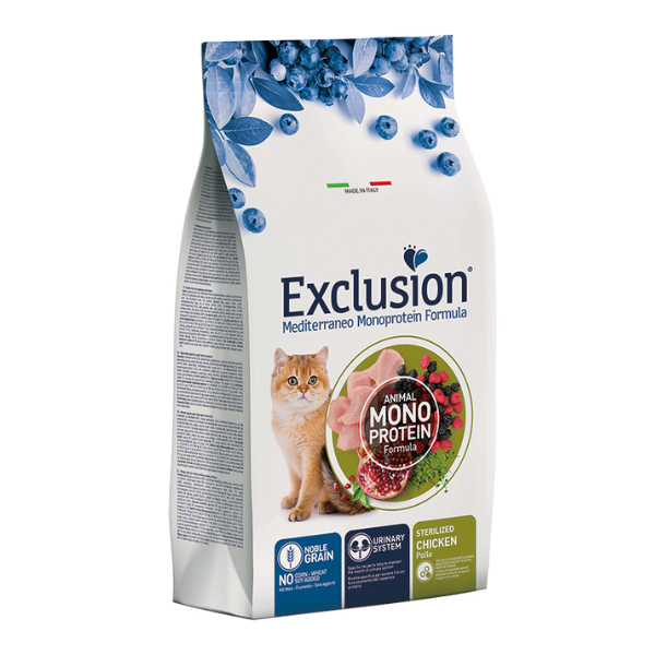 foto del prodotto exclusion mediterraneo cat sterilizzato pollo 1,5 kg cibo monoproteico gatto 1 ordine scegli lo sconto bzr5 bzr20 200 punti fedelt 