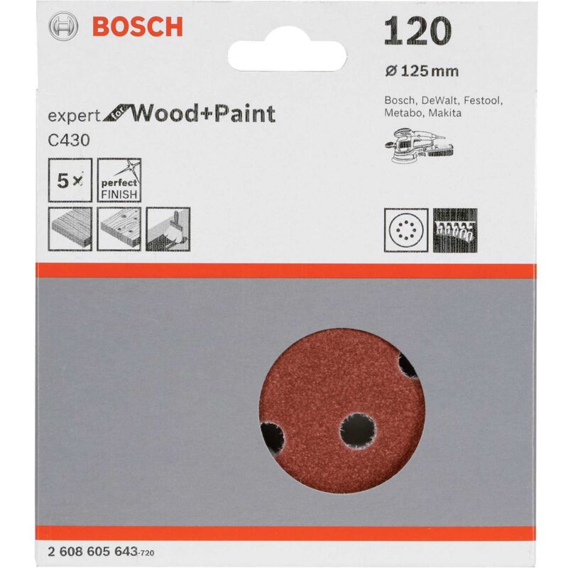 foto del prodotto expert per legno e vernice c430 set di carta vetrata per legno, vernice 5 pezzi 125 mm rotonda bosch
