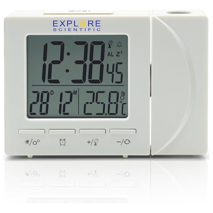 foto del prodotto explore rdp 1001 orologio sveglia radiocontrollato calendario proiezione temperatura bianco