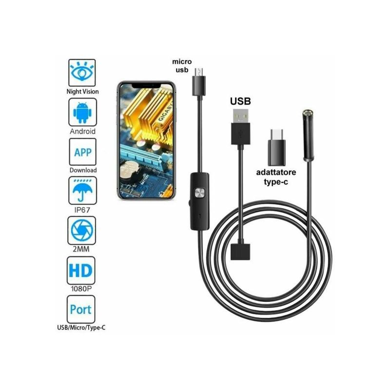 foto del prodotto exsensa telecamera endoscopica 5 mt type c usb mini usbf flessibile impermeabile 6 led ispezione