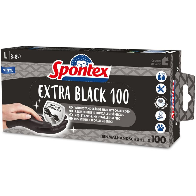 foto del prodotto extra black guanti monouso in vinile, senza polvere e senza lattice, versatili, in pratica scatola dispenser, taglia l, confezione da 100, colore 