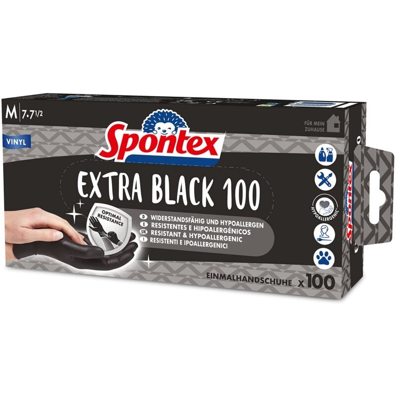 foto del prodotto extra black guanti monouso in vinile, senza polvere e senza lattice, versatili, in pratica scatola dispenser, taglia m, confezione da 100, colore 