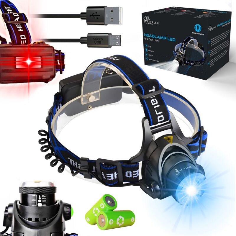 foto del prodotto extralink lampada frontale led high power 10w 300 lumen, 3 modalit di lavoro de, batteria 1500mah, 4 5 ore de lavoro continuo, testa regolabile,