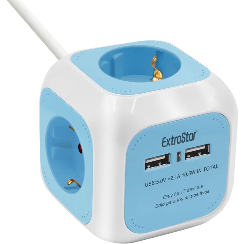 foto del prodotto extrastar 6 in 1 cubo multipresa con usb a 4 prese 2 porte usb 5 v, 1,5 m, max 3680 w, 16 a, blu, per casa e ufficio