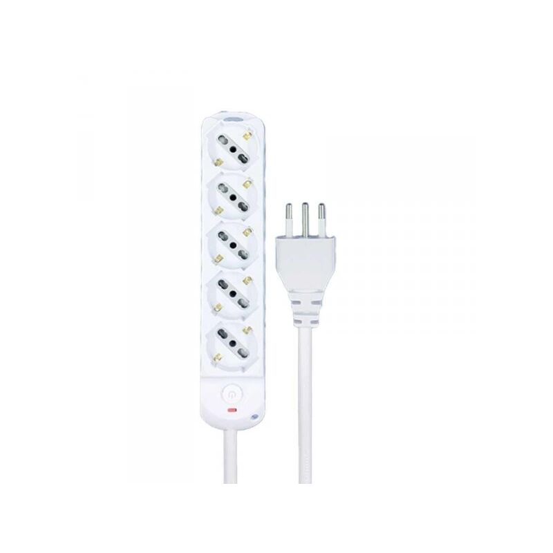foto del prodotto extrastar multipresa ciabatta elettrica a 5 posti 5 prese bipasso schuko 10a 16a con interruttore e spina 10a cavo 1.5 metri bianco
