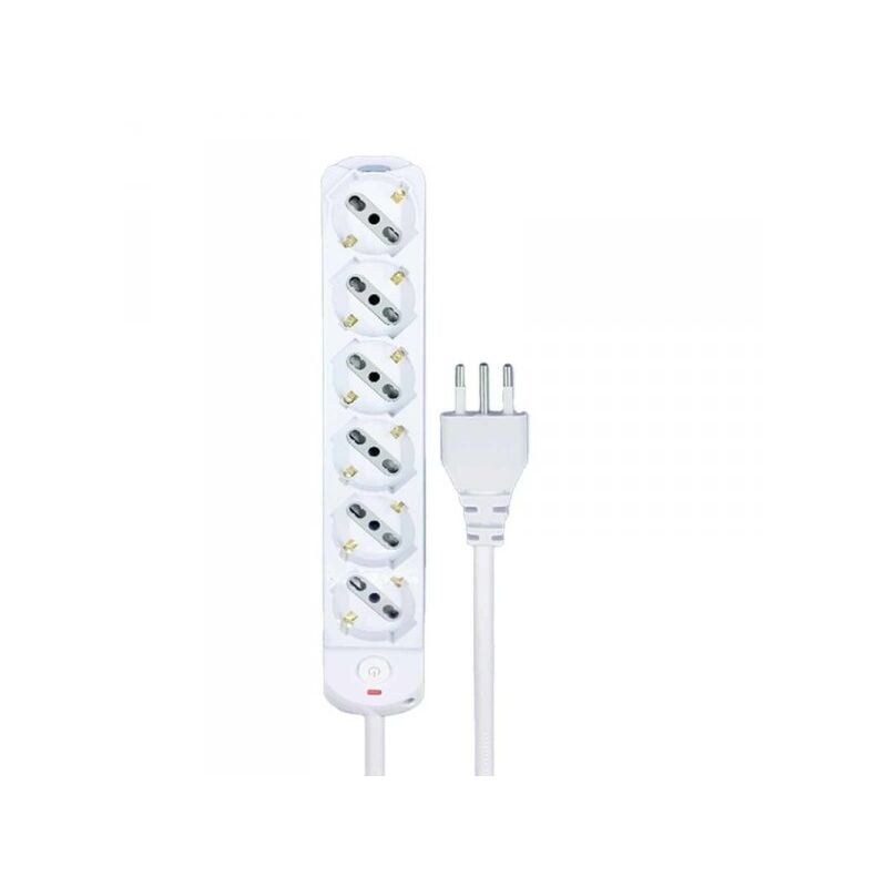 foto del prodotto extrastar multipresa ciabatta elettrica a 6 posti 6 prese bipasso schuko 10a 16a con interruttore e spina 10a cavo 1.5 metri bianco