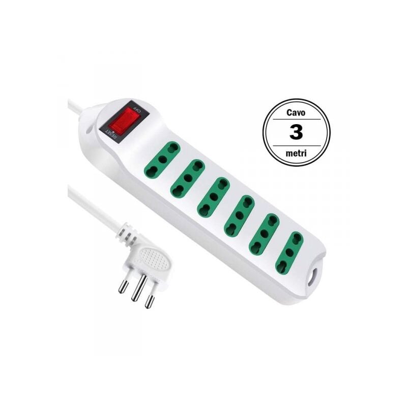 foto del prodotto extrastar multipresa ciabatta elettrica cavo 3m con 6 posti prese bipasso 10 16a 2p t interruttore spina 10a laterale