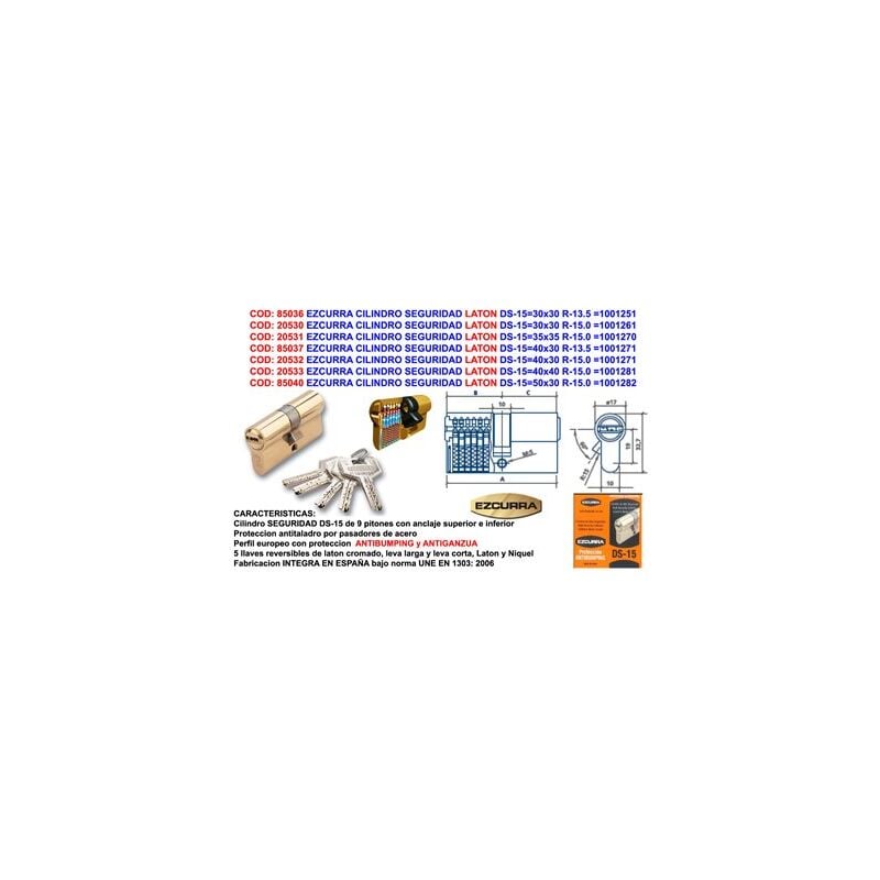 foto del prodotto ezcurra cilindro di sicurezza in ottone antibumping ds 1540x30 r 15