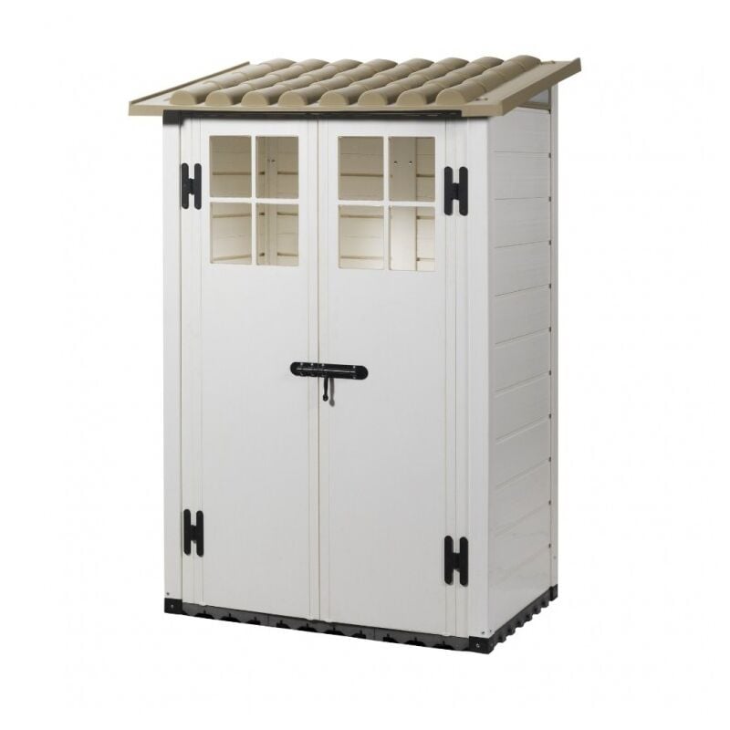 foto del prodotto ezooza casetta da giardino in resina tuscany evo 100 con 2 porte centrali, pavimentazione inclusa, colore beige, 95x139x201h cm